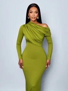 SOLERSUN Suitable For Christmas Party Vacation & Dating Asymmetrical Neck Pleated Elegant Bodycon Dress - Green - View 4