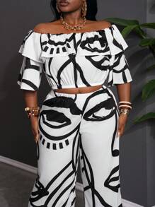 Slaydiva 2pcs Set: Plus Size Women Abstract Figure Print Off Shoulder Ruffle Hem Blouse & Wide-Leg Pants Casual Suit