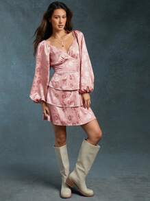 WESTFADE Western bloemenpatroon geweven jacquard sweetheart hals gelaagde ruche strik rug lange mouw mini western jurk