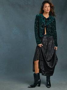 WESTFADE Western Mixed Media Floral Patterned Woven Jacquard & Lace Midi Skirt Spring Break Music Festival - Black - View 1