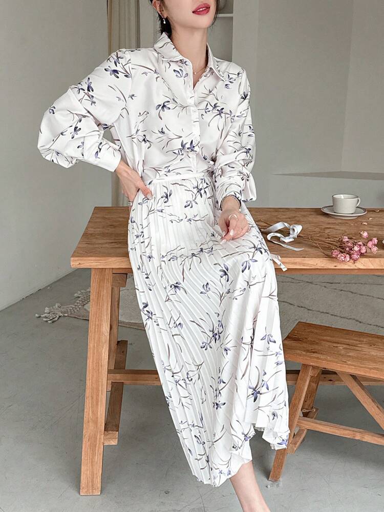 2pcs Floral Print Shirt And Skirt Suit For Women,Fall Women Clothes