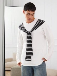 Manfinity VCAY 男女通用针织拼布宽松落肩仿围巾圆领长袖 T 恤 - 白色 - 查看 2