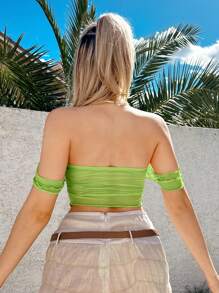 SHEIN Sweetina Off Shoulder Sheer Mesh Cropped Top For Holiday - Green - View 2