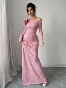 Rafferiza Women Long Sleeve 3D Floral Long Dress