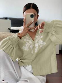 SHEIN Frenchy Women's Vacation Casual White Embroidered Front Placket Shirt
