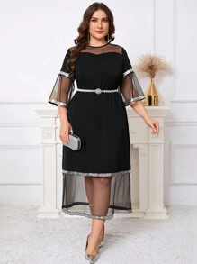 Gownix Plus Size Women Elegant Mesh Patchwork Sequin Embellished Dress - Black - View 3
