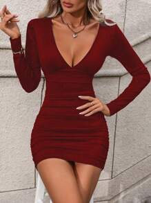 SHEIN Clasi 女士纯色深V领修身连衣裙，酒红色女装秋季服装 - 酒紅色 - 查看 5