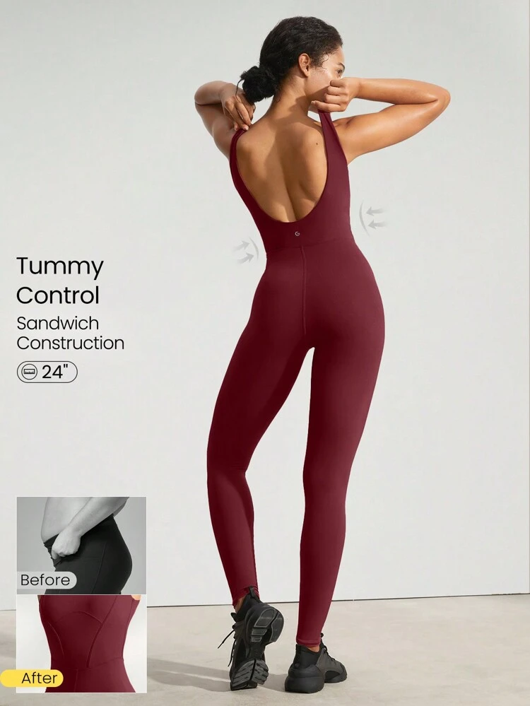 24" FeatherFit™ Tummy Control Open Back Gym Yoga Pilates Sports Jumpsuit Bodysuit Summer Elegant For Woman