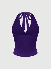 ROMWE Grunge Punk Y2K Style Plain Pleated Halter Neck Tank Top For Women