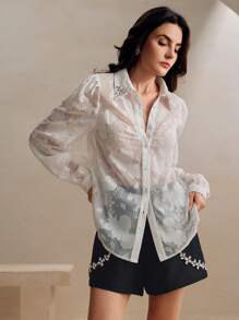 Anewsta Blusa transparente de mujer con cuello polo, manga larga y tela jacquard, con escote con tachuelas