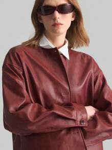 Ontre 2pcs Women's Apparel New Style Spring Valentine's Day Round Neck Long Sleeve Angola Red All-Match Round Neck Long Sleeve Cropped PU Material Jacket All-Match Casual Wear - Burgundy - View 7