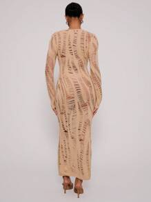 MUSERA 长袖做旧针织长裙，优雅春季性感可爱波西米亚风海滩度假夏季节日复古风 - 杏色 - 查看 3