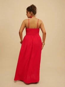 Travachic Plus Size Solid Color Spaghetti Strap Pleated Minimalist Casual Dress - Red - View 2