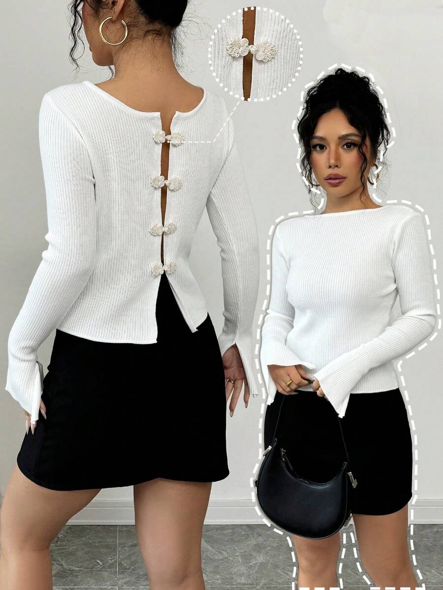 SHEIN Unity 秋冬季双面穿套头毛衣，后背带扣设计，针织套头衫 - 白色 - 查看 1
