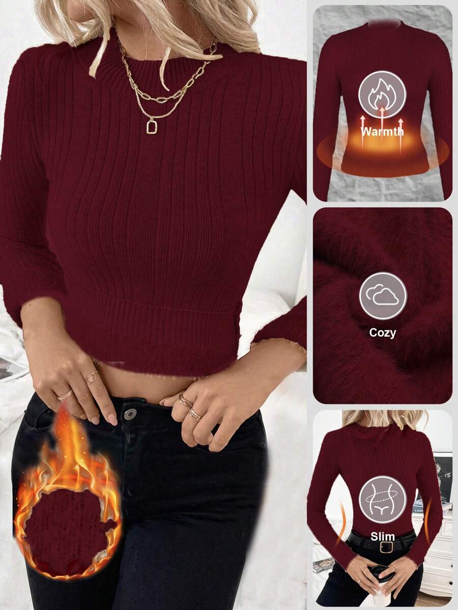 SHEIN Clasi Classic European & American Ribbed Mock Neck Thick Lined Slim Fit Long Sleeve Knit Sweater, Versatile Base Layer For Autumn/Winter Knit Pullover Fall Sweater - Burgundy - View 1