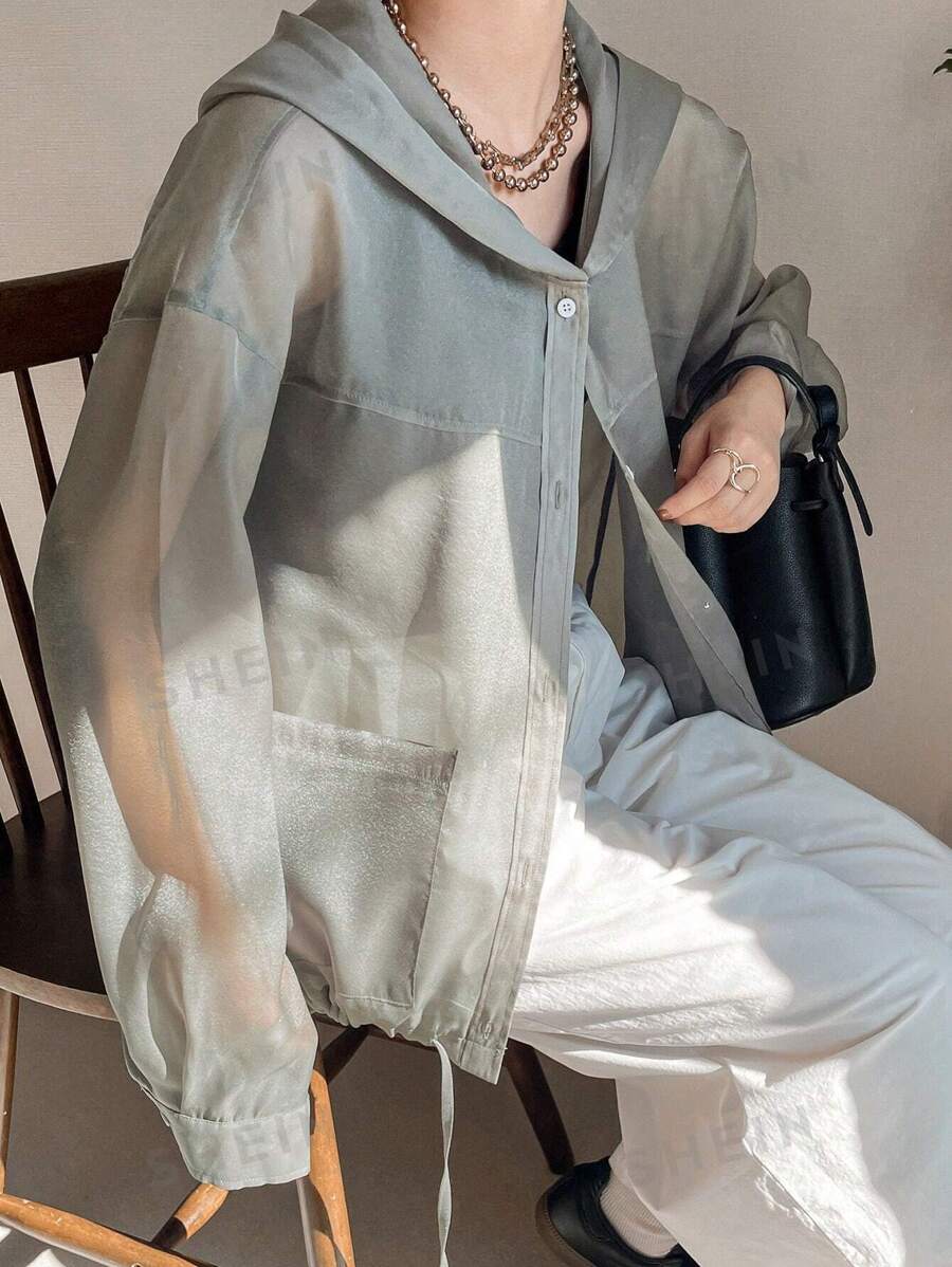 FRIFUL Blusa holgada con hombros caídos, manga larga y capucha transparente, adecuada para otoño