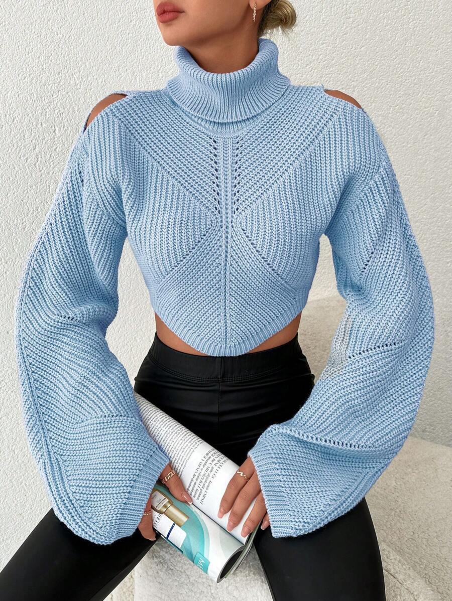 EURMUSE Turtleneck Cold Shoulder Lantern Sleeve Crop Sweater - Blue - View 1