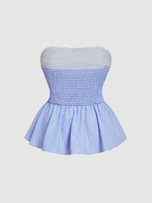 SHEIN MOD Plus Size Women Summer Striped Strapless Top - Blue and White - View 2