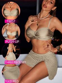 Swim DD+ DD Size Women's Solid Color Gather Underwire Cross Ruching + Textured Fabric Twist Cover-Up Dress Bikini Set, Beach Outfit For Summer Beach Vacation - Khaki - View 1