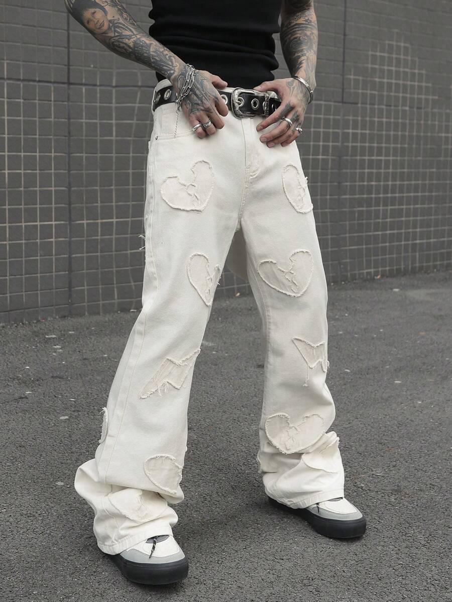 Manfinity EMRG Men's Casual Flared Jeans With Pockets & Heart Frayed Hems - Apricot - View 1