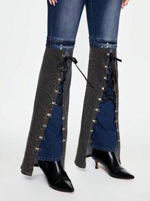 ROMWE J-Fashion Women's Y2K Vintage Leopard Print Splice Ribbon Tie Flare Leg Pants - Blue - View 4