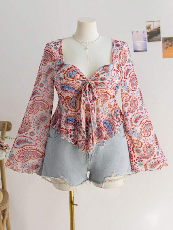 Soleia Plus Size Women Spring Vacation & Valentine's Day Pink Vintage Print Mesh Square Neck Bowknot Flare Sleeve V-Hem Blouse