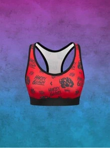 Harley Quinn | ROMWE Cartoon Character & Letter Print Sports Bralette & Boyshorts Set, Racerback Design Without Steel Rings - Red - View 3