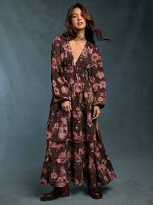 WESTFADE V-Neck Spring Floral Print Long Sleeve Tiered Ruffle Maxi Dress With Slit - Multicolor - View 2