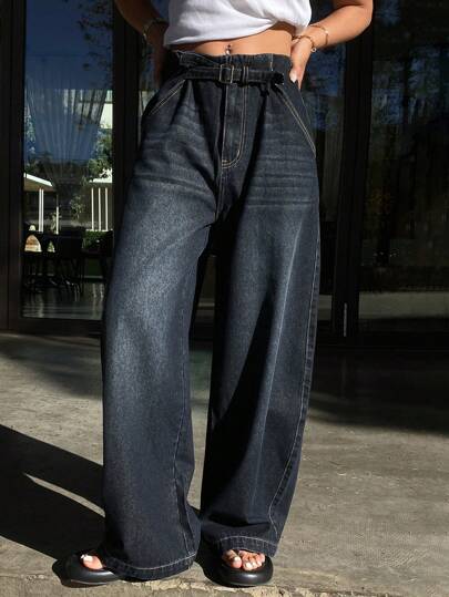 DAZY 破旧、水洗、褪色口袋设计女式牛仔裤