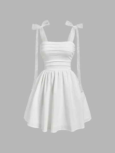 SHEIN MOD Vestido de verano romántico para mujer con tira de malla blanca y plisado