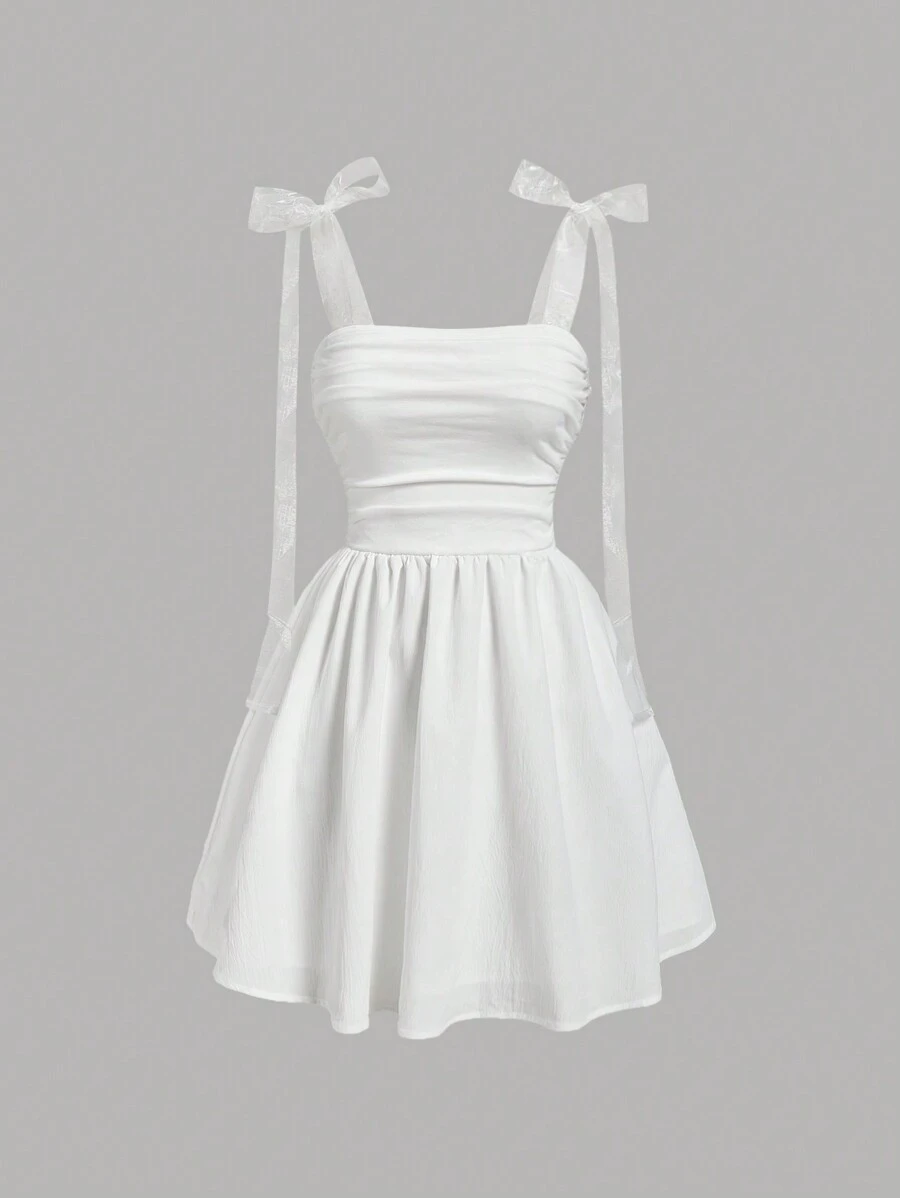 SHEIN MOD 女士白色网眼吊带褶皱浪漫夏装 - 白色 - 查看 1