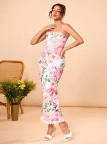 Neda Designer Multicolor Romantic Rose Floral Flower Print Bodycon Lace Trim Camisole Dress, Festival, Prom Dress, Brunch Outfits, Tea Party Dress