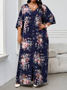 SHEIN Lady 春夏秋冬优雅海军蓝编织缺口长袍连衣裙大码连衣裙花卉印花连衣裙度假服装春夏优雅黑色编织 V 领短袖束腰外衣衬衫裙大码连衣裙万圣节服装女式长袍