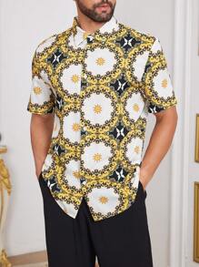 Manfinity Homme Men's Casual Vintage All-Over Print Short Sleeve Shirt - Apricot - View 5