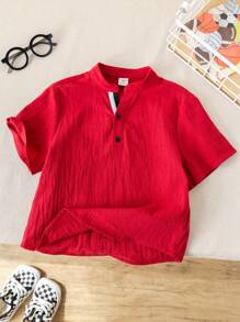 SHEIN 1pc Young Boys Casual School Red Stand Collar Short Sleeve Shirt Top, Versatile & Comfortable, Suitable For Spring/Summer, Valentine, Party, Date