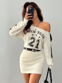 SHEIN EZwear Women's Spring Summer Daily Wear Y2K Streetwear Casual Preppy Knit Number Pattern Stretchy Comfortable Banded Texture Decoration Bow Lace Up White Over Size Asymmetrical Neck Long Sleeve Mini Dress One-Piece - White - View 3