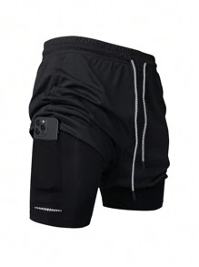 Manfinity Sport Corelite 男士纯色前系带双层休闲运动短裤 - 黑色 - 查看 4