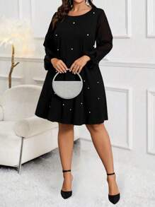 SHEIN Clasi Plus Size Casual Dress With Mesh Patchwork, Long Sleeve, Faux Pearl Decor