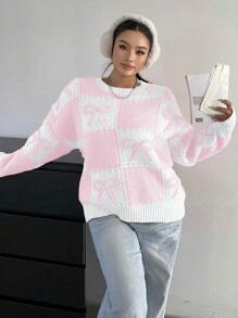 SHEIN MOOSTA 大码女式长袖蝴蝶结套头毛衣，秋冬针织套头衫 - 彩色 - 查看 4