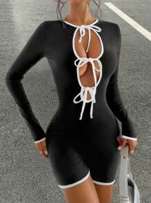 Chiquease Sexy Long Sleeve Lace-Up Colorblock Skinny Jumpsuit For Women