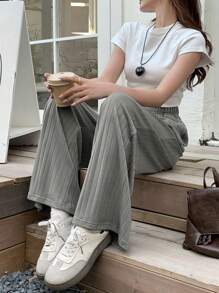 DAZY Women Casual Versatile Elastic Waist Knit Pants - Grey - View 6