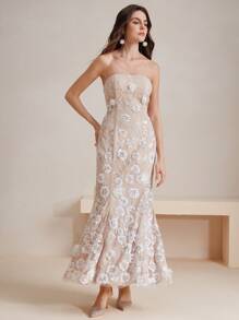 Anewsta 女装夏季新款时尚优雅优雅露肩露肩拼接铆钉花朵连衣裙 - 杏色 - 查看 5