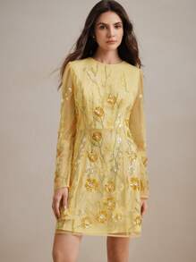 Anewsta Robe à manches longues avec broderie florale élégante pour femmes, tenues de printemps/été