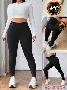 SHEIN EZwear 大码女式保暖高腰打底裤，秋冬季保暖下装 - 黑色 - 查看 5