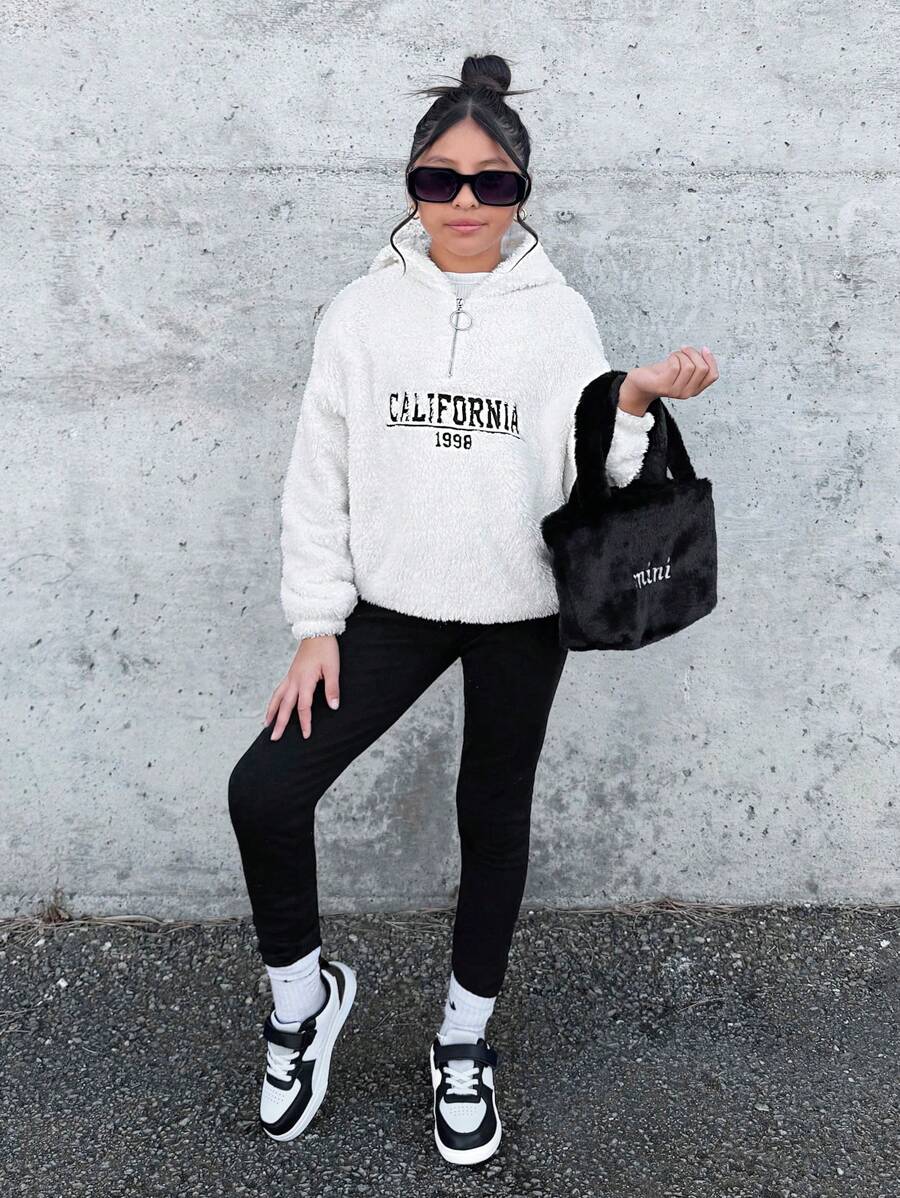 SHEIN NovaGlow Tween Girls Fashionable Hooded Knit Fleece Sweatshirt & Leggings Set, Comfortable Outfit