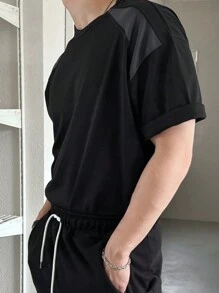DAZY Men's Simple Color Block Patchwork T-Shirt,Fall Clothes - Black - View 3