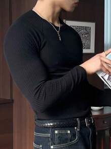 DAZY Men's Casual Slim Fit All-Match Undershirt Long Sleeve Men Shirt Fall, Winter Business Attire - Black - View 2