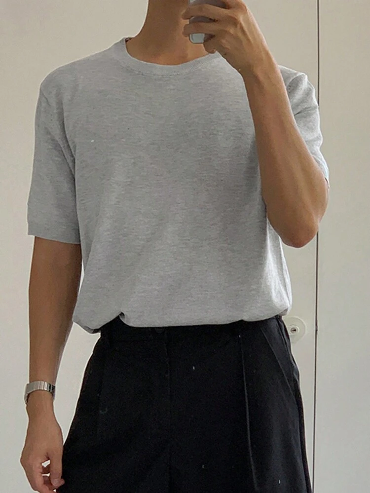 Summer Men's Solid Light Gray Knit Sweater