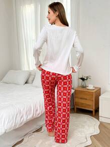Dream Adore Women 2pcs Pajama Set - Solid Jacquard V-Neck Long Sleeve Top And Red Plaid Long Pants