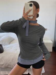DAZY Camisa de mujer de manga larga con hombros descubiertos, cuello de corbata y diseño de patchwork a cuadros